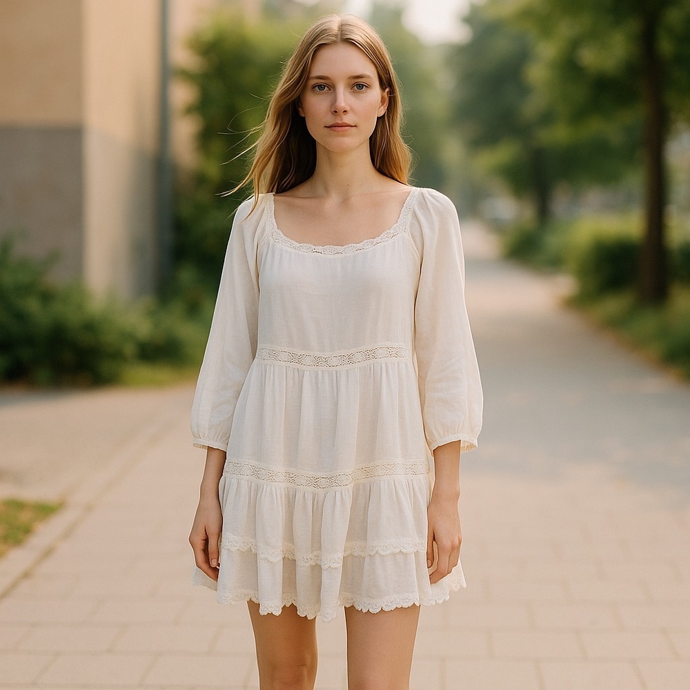 White Lace Trim Tunic Top Dress